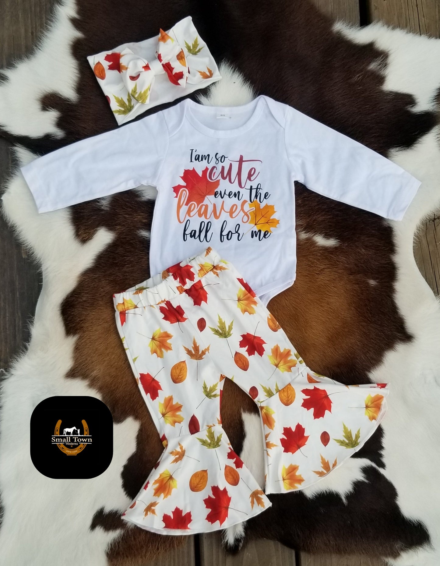 Leaves Fall For Me Baby Girl Set | Western Baby Girl Fall Onesie & Bell Bottom Outfit
