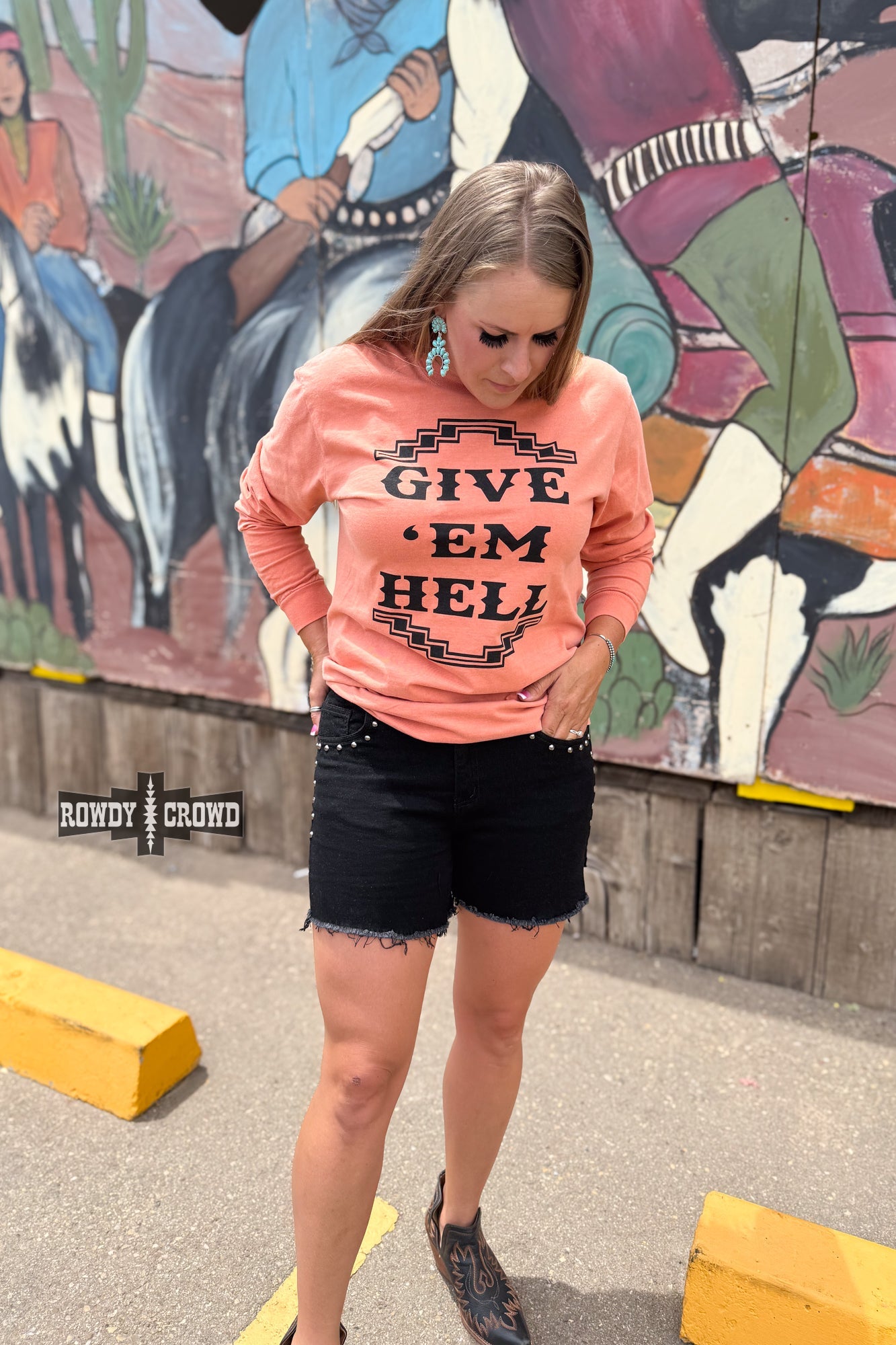 Give 'Em Hell Long Sleeve Tee | Western Cowgirl Graphic Long Sleeve