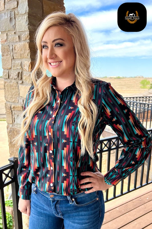 Indian Outlaw Pearl Snap | Western Cowgirl Aztec Button-Up Pearl Snap Shirt
