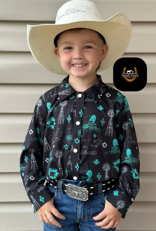 Ranchy & Rad Pearl Snap | Western Kids Unisex Ranch Print Button-Up Pearl Snap