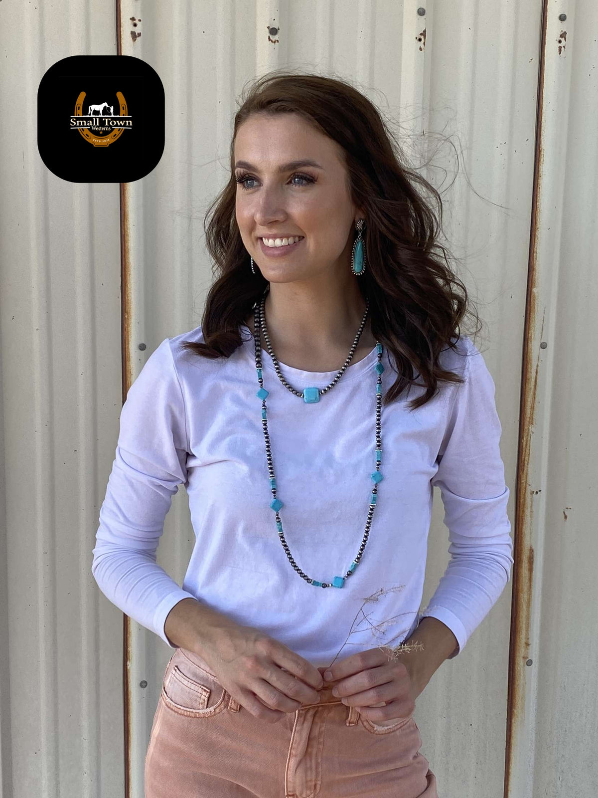 14" Faux Navajo Pearl w/ Turquoise Square Necklace