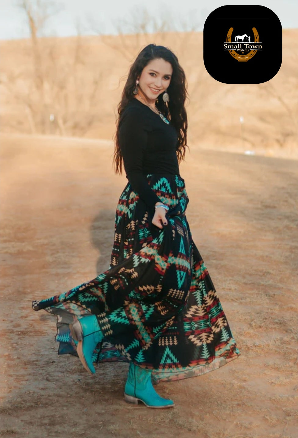 Southern Ink Skirt | Western Cowgirl Midi Skirt Turquoise Pattern