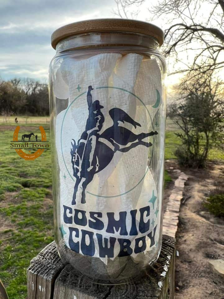 Cosmic Cowboy Glass Cup | Western Cowgirl 16oz Glass Cup with Bamboo Lid