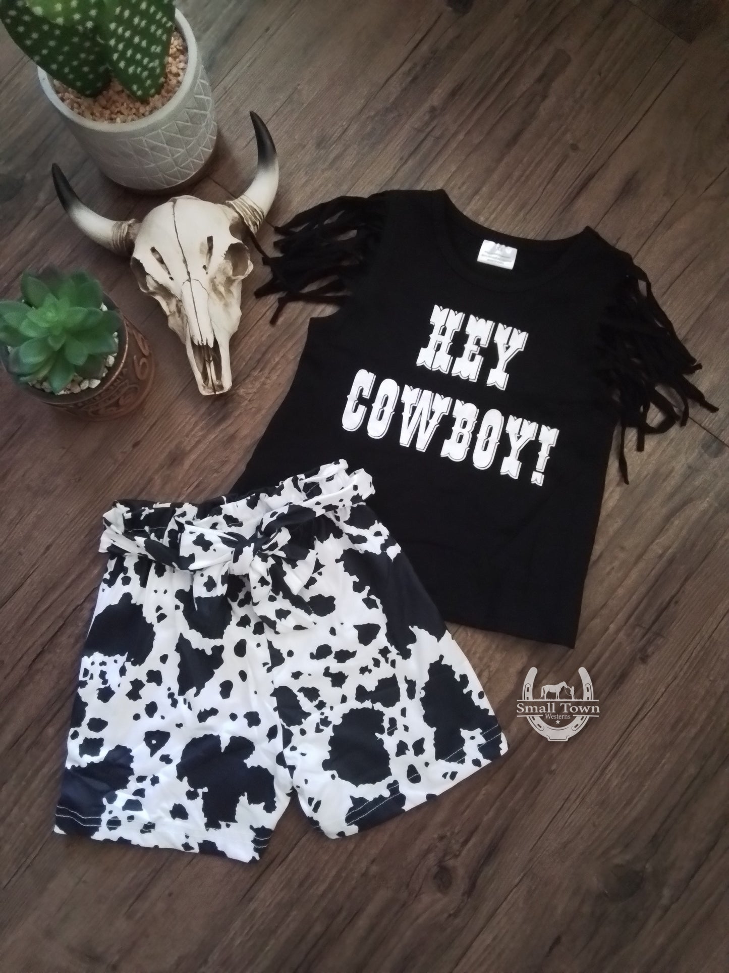 Hey Cowboy Kids Shirt & Shorts Set | Western Girls Cowprint Outfit