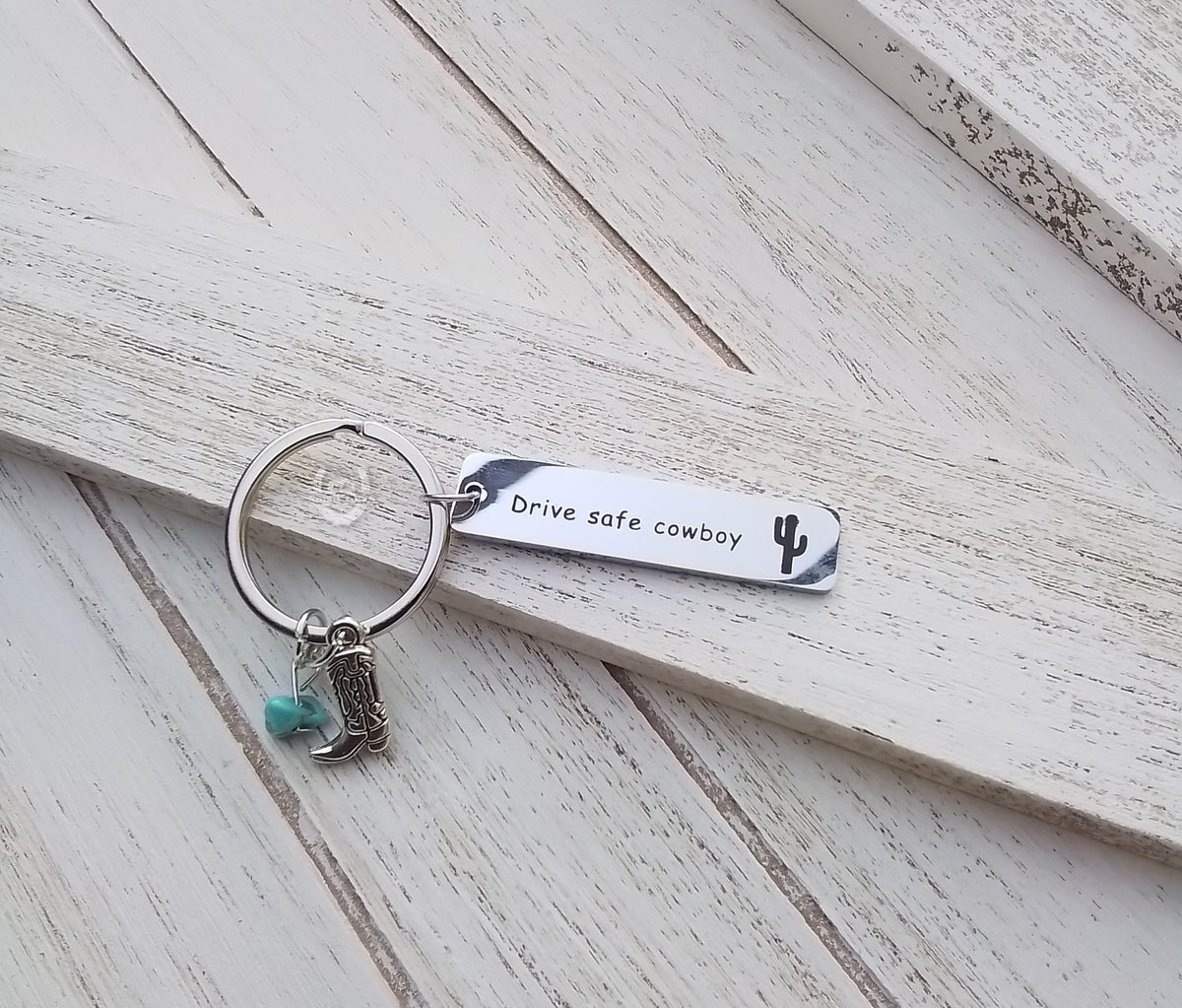 Drive Safe Cowboy Keychain | Western Cowgirl Silver Boot Turquoise Keychain