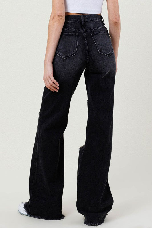 Midnight Wide Leg Jeans | Western Cowgirl Black Wide Leg Distressed Jeans