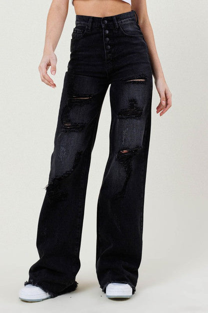 Midnight Wide Leg Jeans | Western Cowgirl Black Wide Leg Distressed Jeans