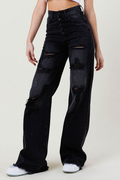 Midnight Wide Leg Jeans | Western Cowgirl Black Wide Leg Distressed Jeans