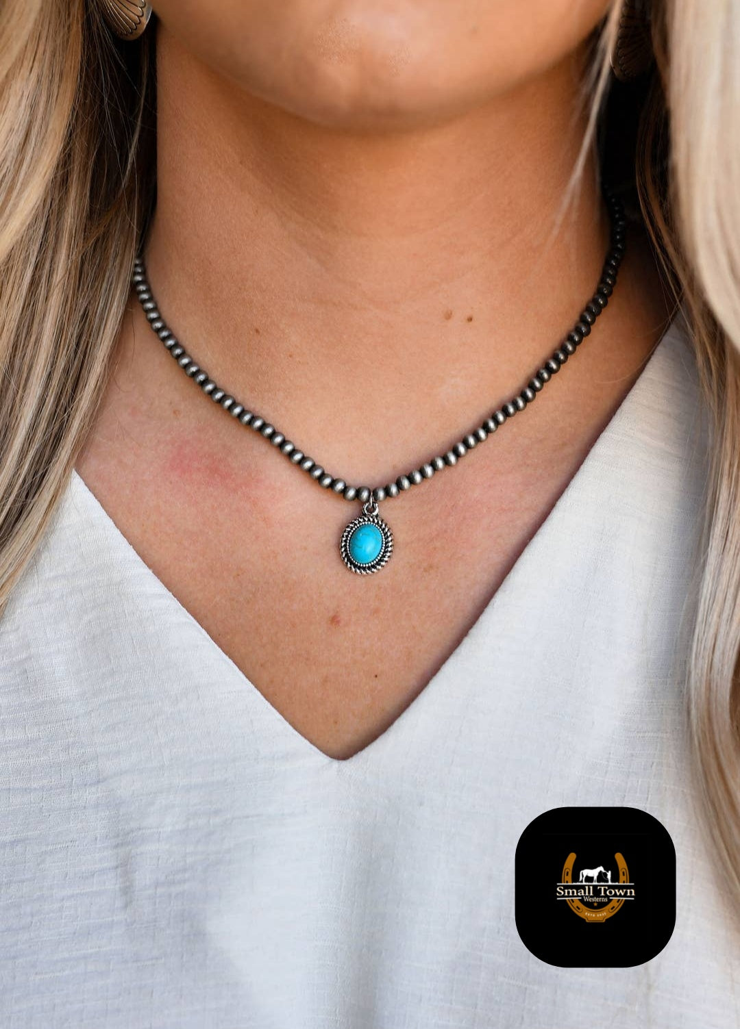 13" Faux Navajo Pearl w/ Turquoise Oval Necklace
