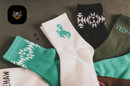 Sock Em Silly - Crisp | Western Cowgirl Crew Socks 3-Pack White Turquoise
