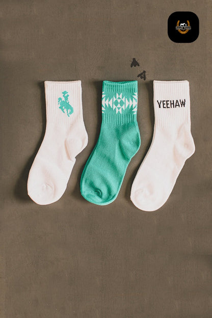 Sock Em Silly - Crisp | Western Cowgirl Crew Socks 3-Pack White Turquoise