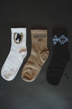 Load image into Gallery viewer, Sock Em Silly - Western AF | Western Cowgirl Crew Socks 3-Pack
