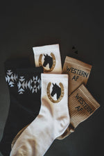 Load image into Gallery viewer, Sock Em Silly - Western AF | Western Cowgirl Crew Socks 3-Pack

