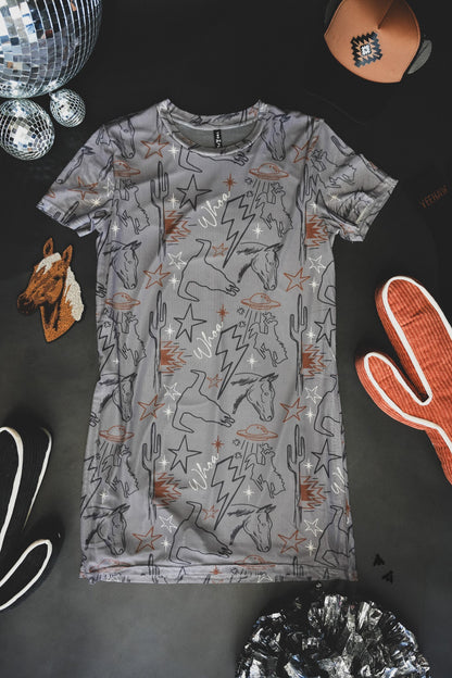 Cosmic Cowtown Dress | Western Print Cowgirl Mesh T-Shirt Dress