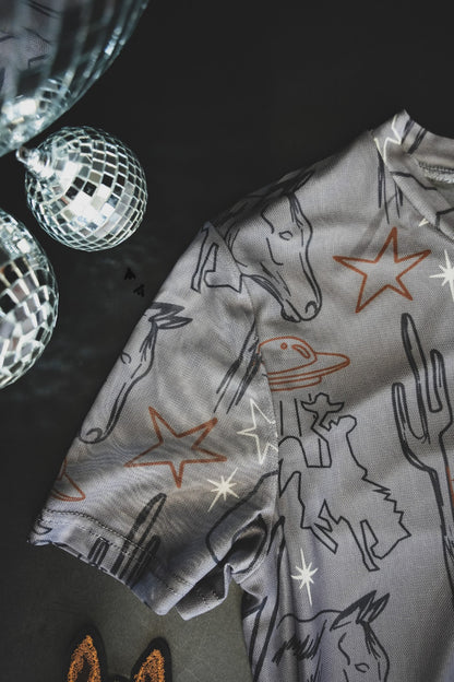 Cosmic Cowtown Dress | Western Print Cowgirl Mesh T-Shirt Dress