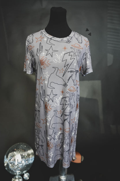 Cosmic Cowtown Dress | Western Print Cowgirl Mesh T-Shirt Dress