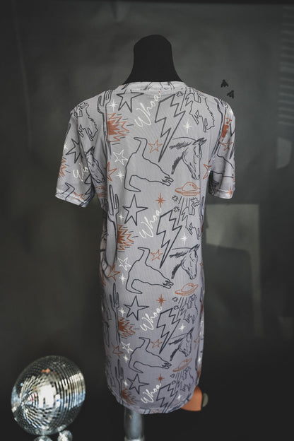 Cosmic Cowtown Dress | Western Print Cowgirl Mesh T-Shirt Dress
