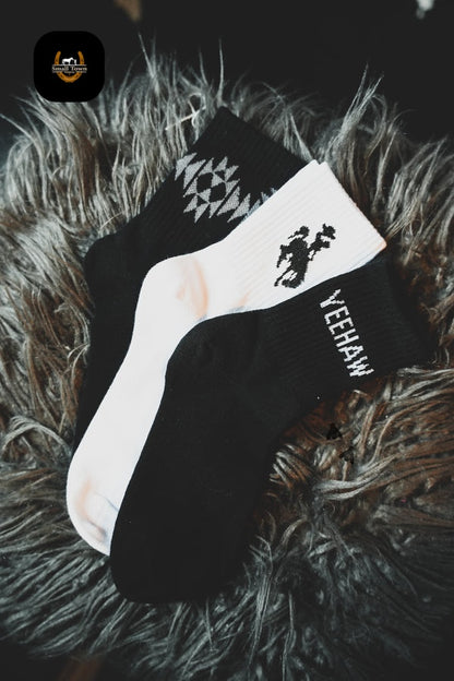 Sock Em Silly - Monochrome | Western Cowgirl Crew Socks 3-Pack Black White
