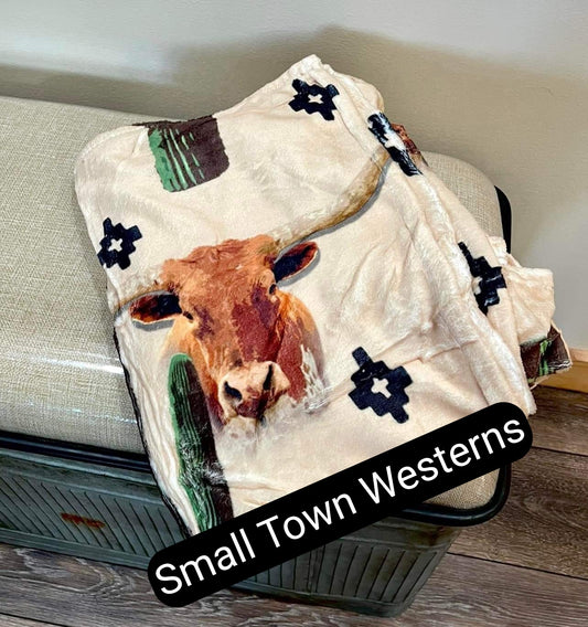 Desert Longhorn Blanket | Western Longhorn Print Plush Throw Blanket