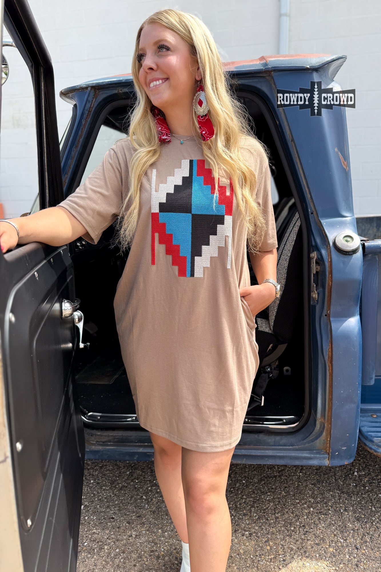 Alamosa Aztec Dress | Western Aztec Cowgirl T-Shirt Dress Taupe