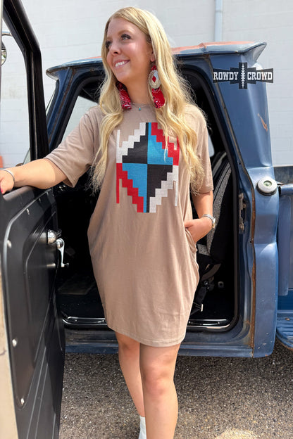 Alamosa Aztec Dress | Western Aztec Cowgirl T-Shirt Dress Taupe