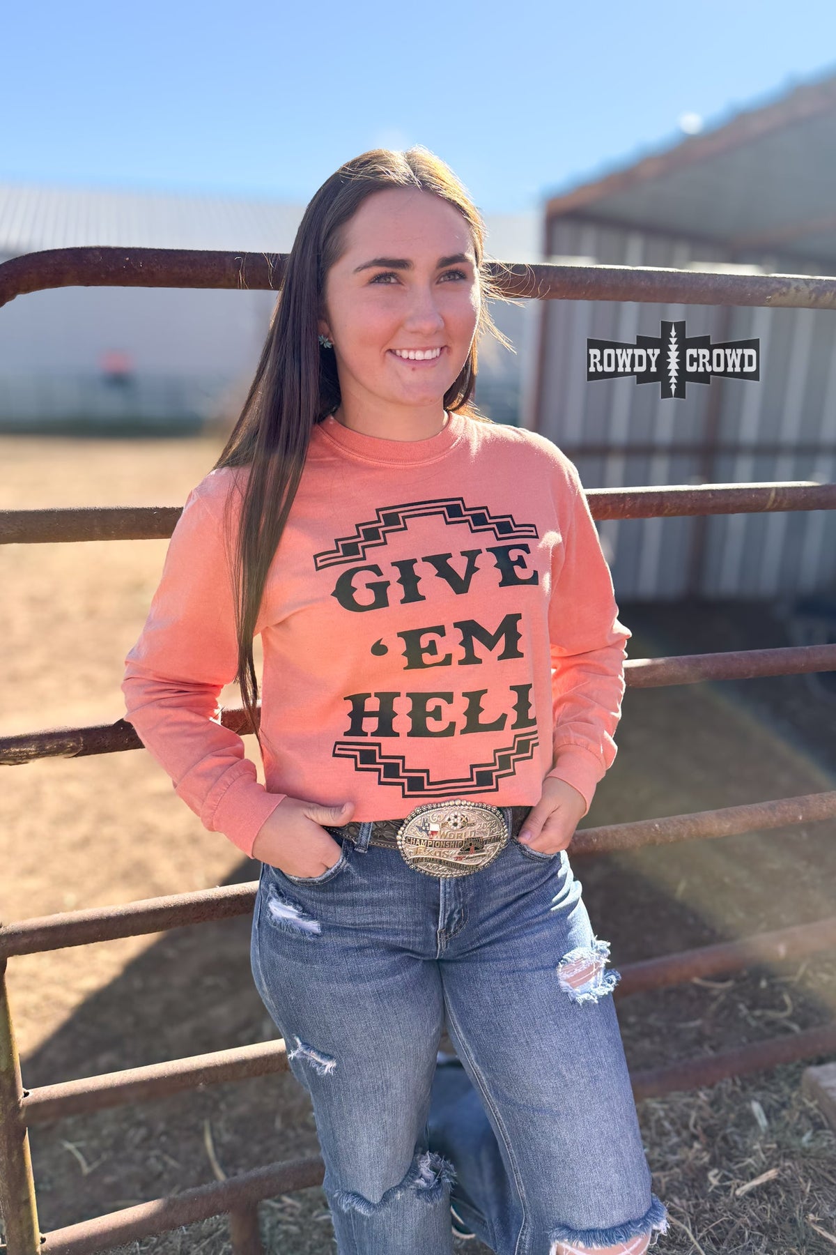 Give 'Em Hell Long Sleeve Tee | Western Cowgirl Graphic Long Sleeve