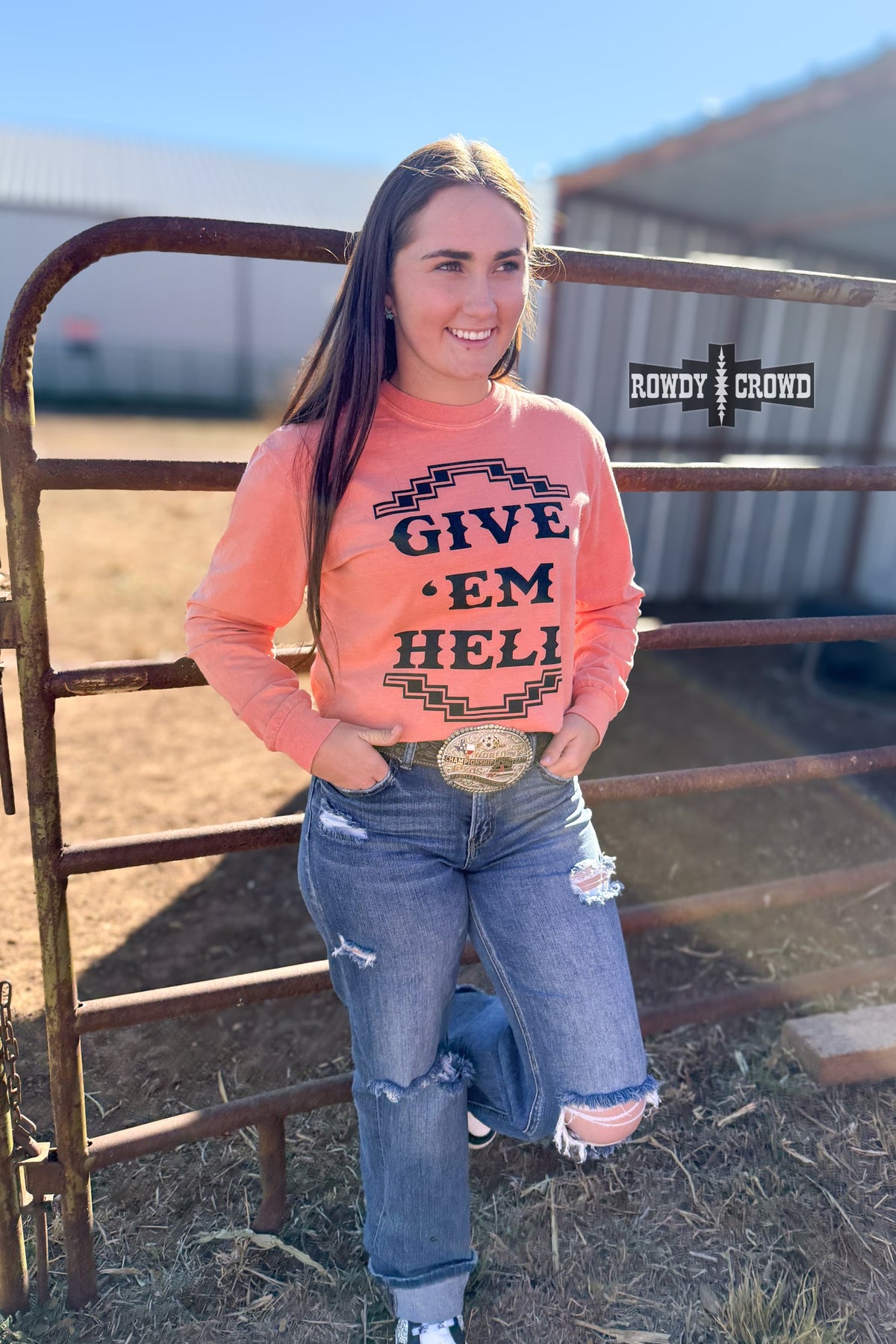 Give 'Em Hell Long Sleeve Tee | Western Cowgirl Graphic Long Sleeve