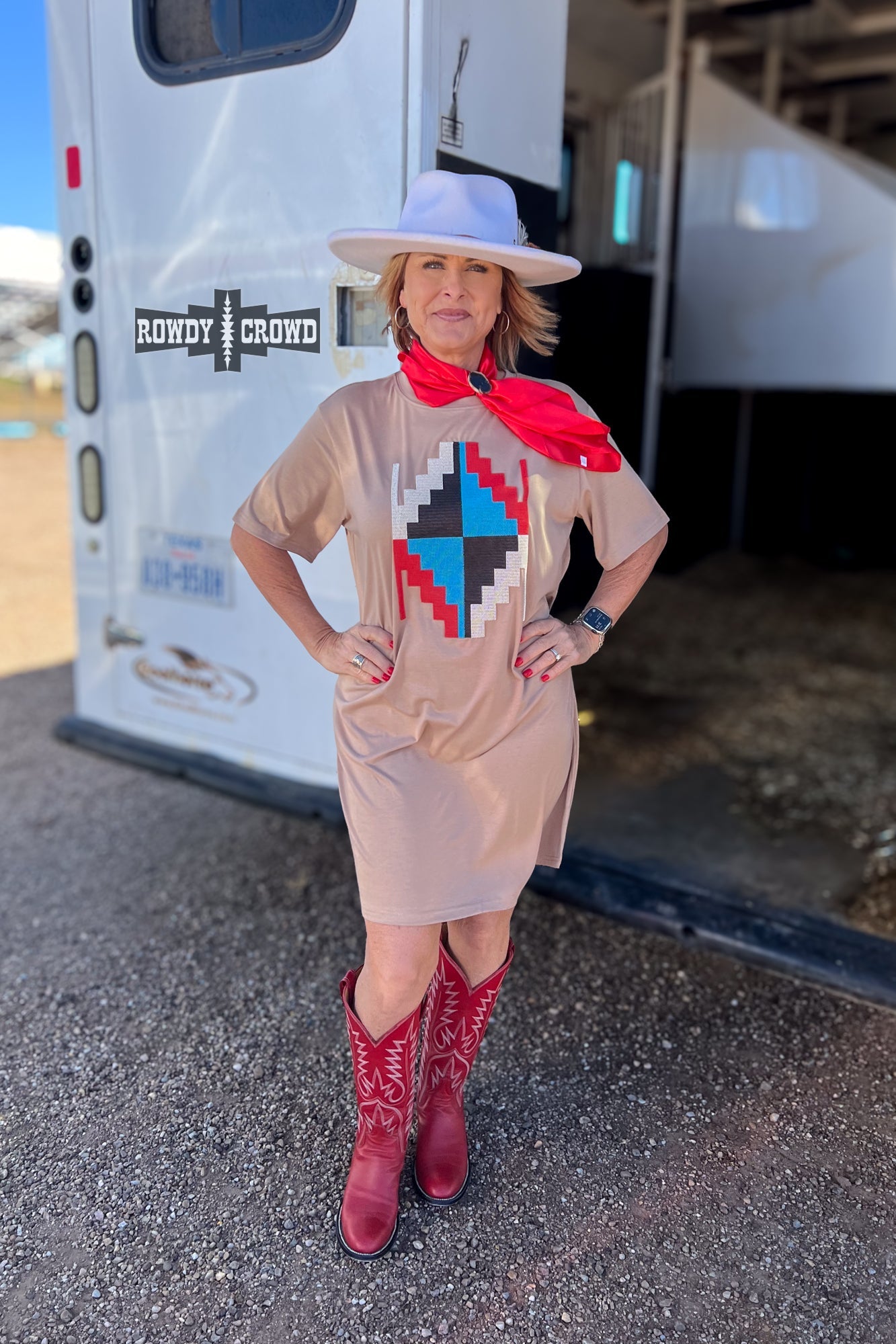 Alamosa Aztec Dress | Western Aztec Cowgirl T-Shirt Dress Taupe