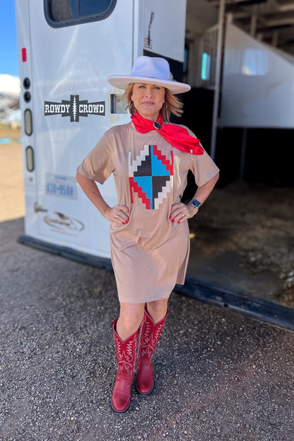 Alamosa Aztec Dress | Western Aztec Cowgirl T-Shirt Dress Taupe