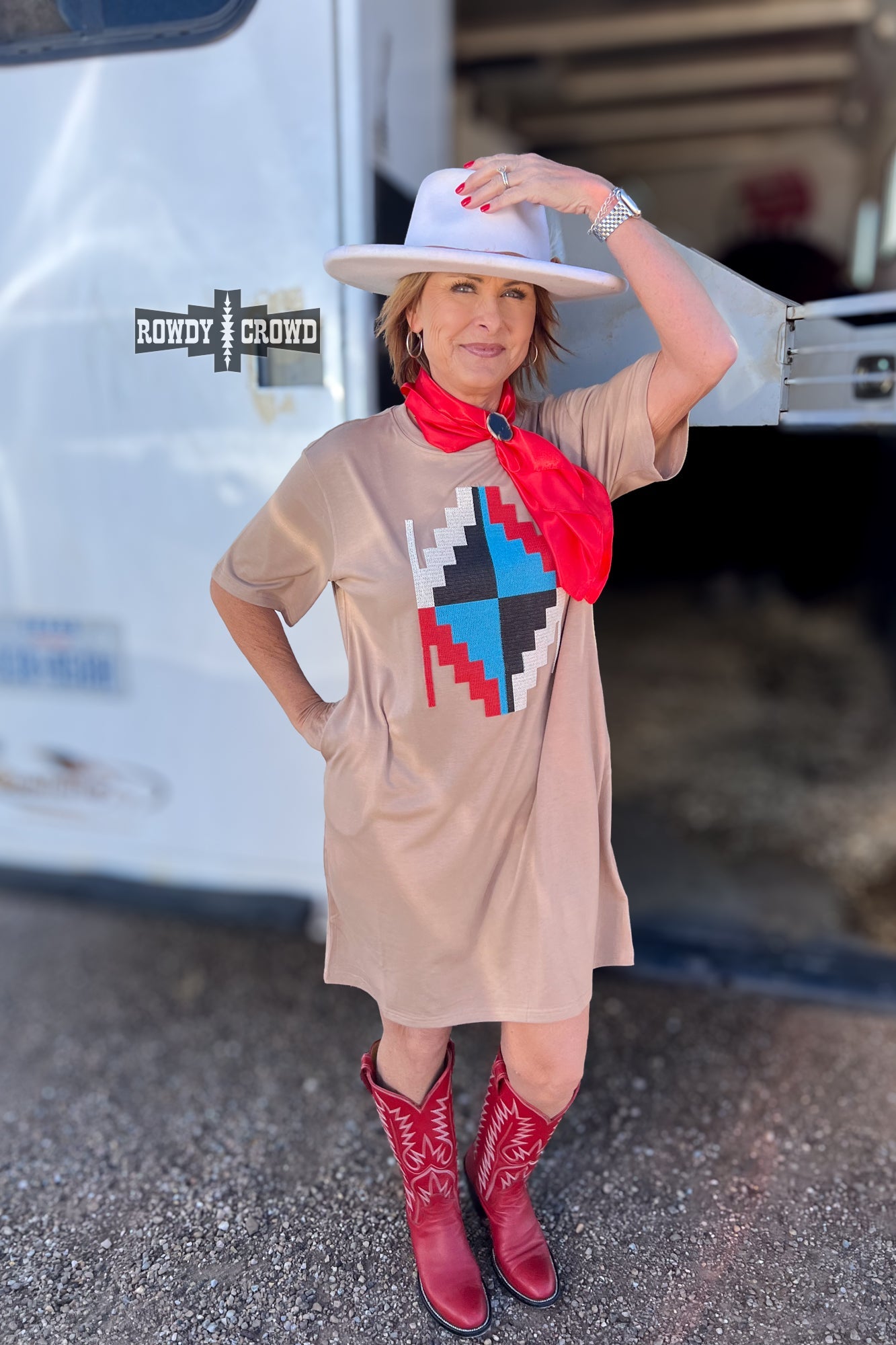 Alamosa Aztec Dress | Western Aztec Cowgirl T-Shirt Dress Taupe