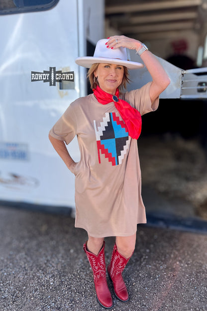 Alamosa Aztec Dress | Western Aztec Cowgirl T-Shirt Dress Taupe