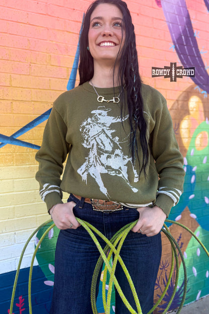 Olive Wild & Western Sweater | Western Cowgirl Bronc Rider Knit Sweater
