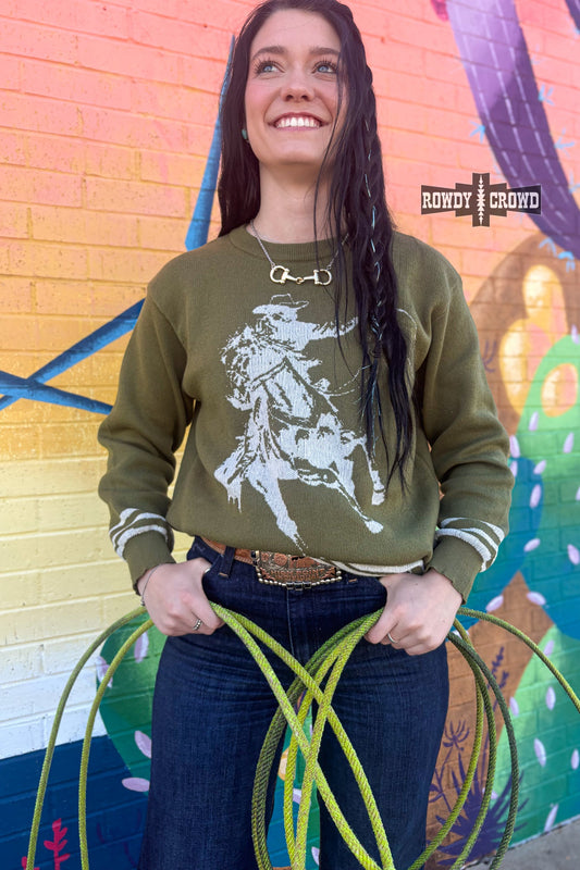 Olive Wild & Western Sweater | Western Cowgirl Bronc Rider Knit Sweater