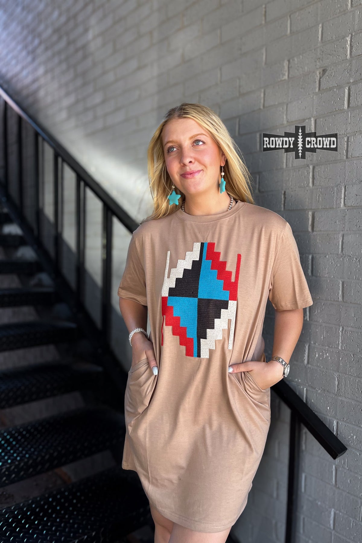 Alamosa Aztec Dress | Western Aztec Cowgirl T-Shirt Dress Taupe