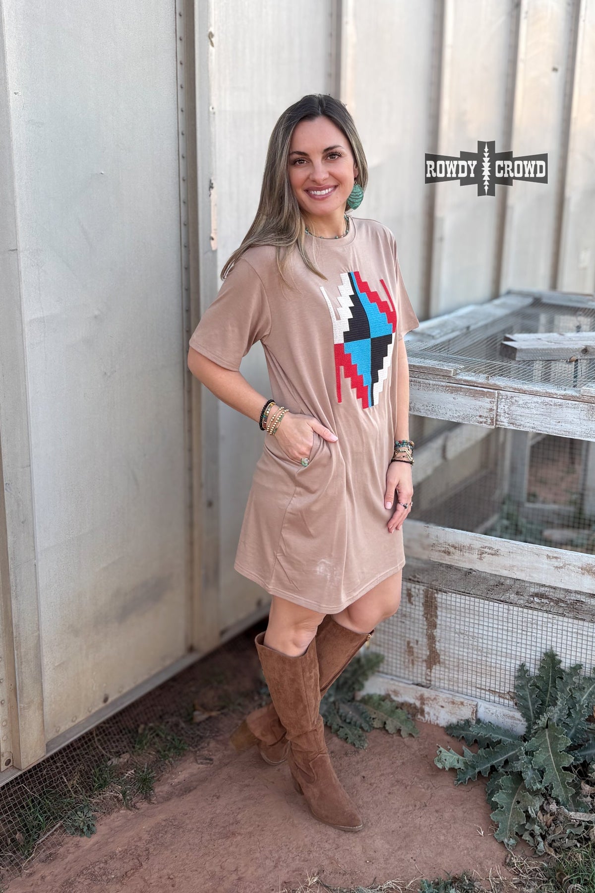 Alamosa Aztec Dress | Western Aztec Cowgirl T-Shirt Dress Taupe