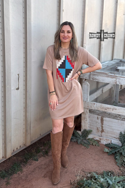 Alamosa Aztec Dress | Western Aztec Cowgirl T-Shirt Dress Taupe