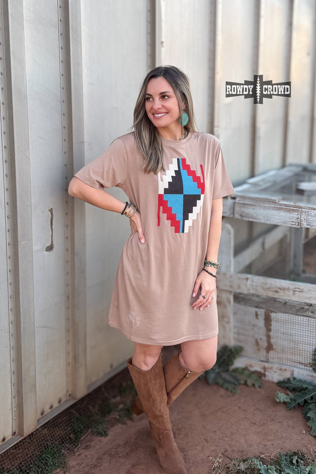 Alamosa Aztec Dress | Western Aztec Cowgirl T-Shirt Dress Taupe