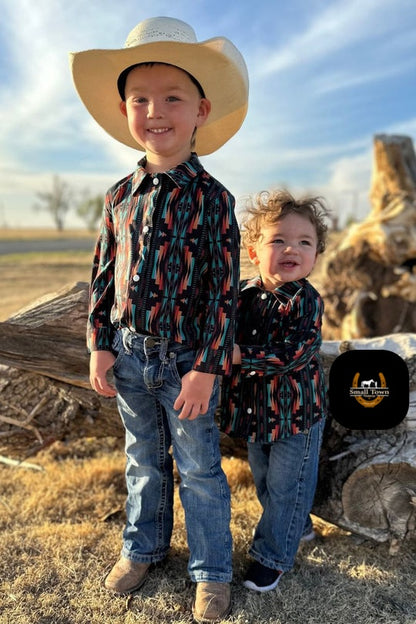 Country Roads Kids Pearl Snap | Western Kids Aztec Button-Up Pearl Snap Shirt