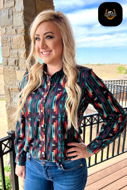 Indian Outlaw Pearl Snap | Western Cowgirl Aztec Button-Up Pearl Snap Shirt