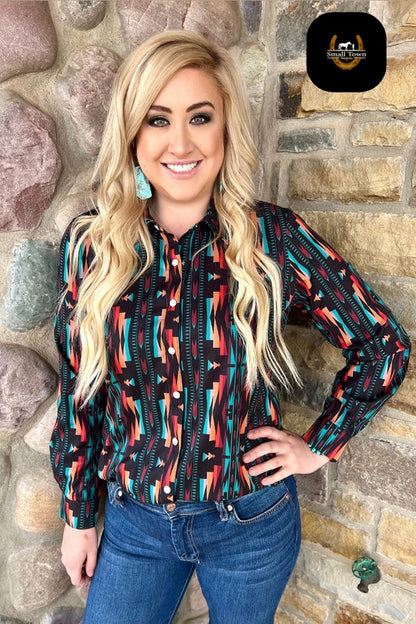Indian Outlaw Pearl Snap | Western Cowgirl Aztec Button-Up Pearl Snap Shirt