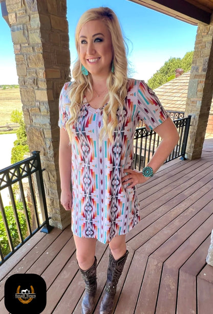 Sunday Morning Sunrise Dress | Western Aztec Cowgirl T-Shirt Dress Cream
