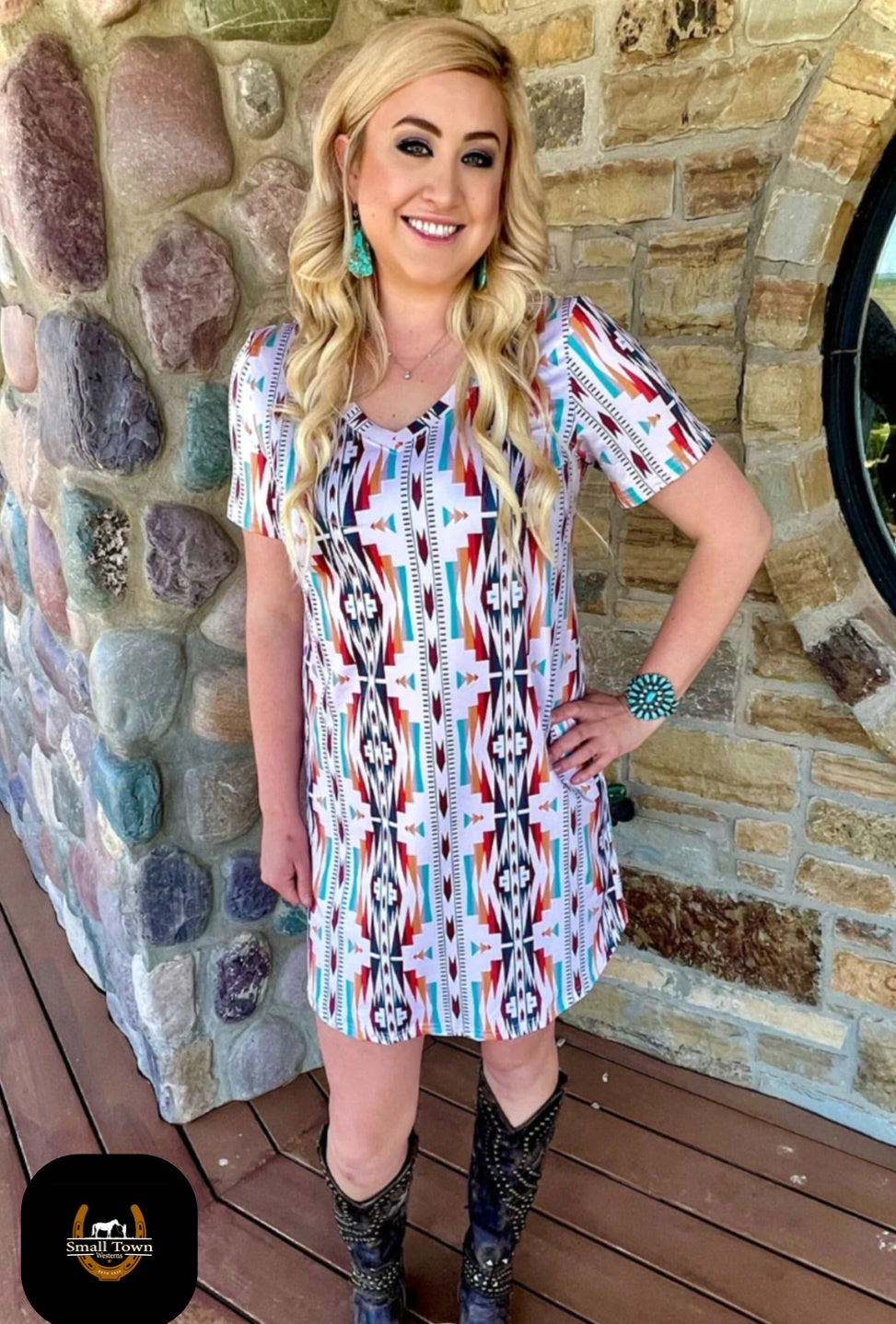 Sunday Morning Sunrise Dress | Western Aztec Cowgirl T-Shirt Dress Cream