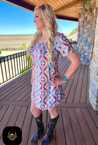 Sunday Morning Sunrise Dress | Western Aztec Cowgirl T-Shirt Dress Cream