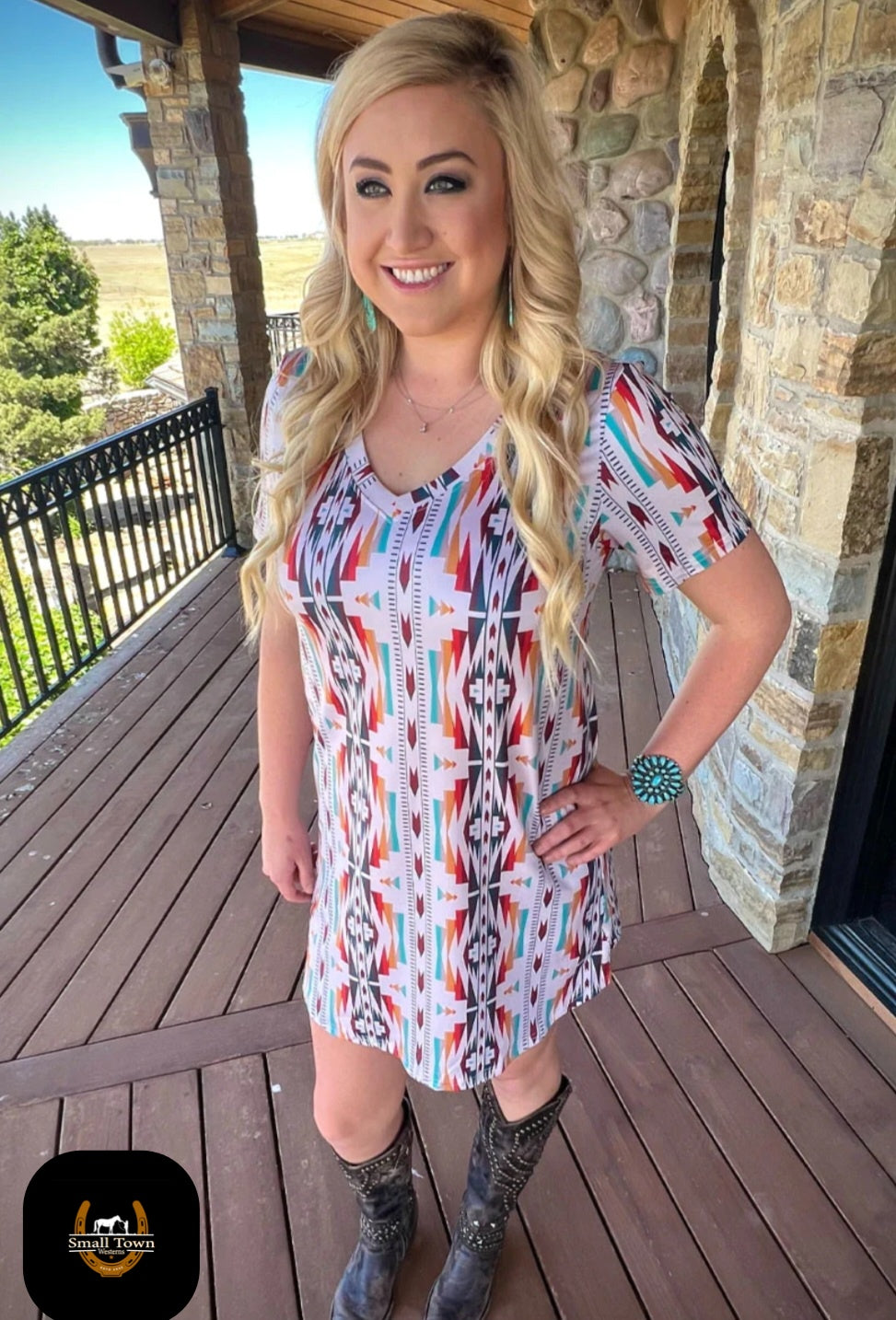Sunday Morning Sunrise Dress | Western Aztec Cowgirl T-Shirt Dress Cream