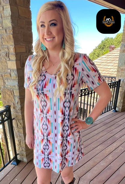 Sunday Morning Sunrise Dress | Western Aztec Cowgirl T-Shirt Dress Cream