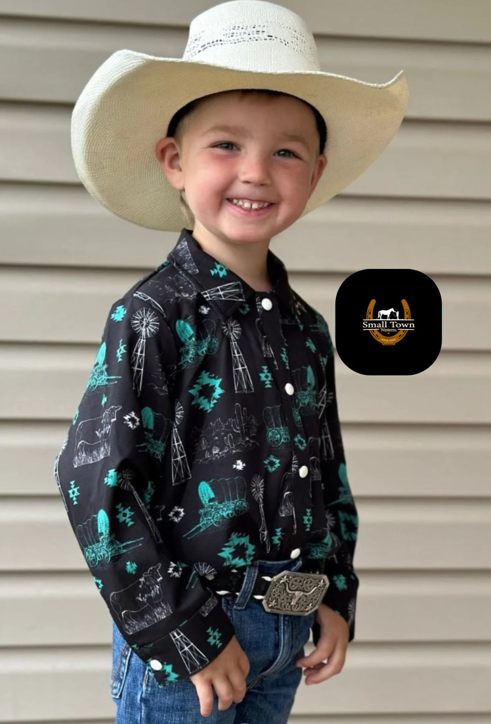 Ranchy & Rad Pearl Snap | Western Kids Unisex Ranch Print Button-Up Pearl Snap