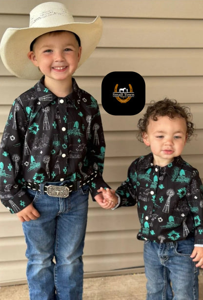 Ranchy & Rad Pearl Snap | Western Kids Unisex Ranch Print Button-Up Pearl Snap