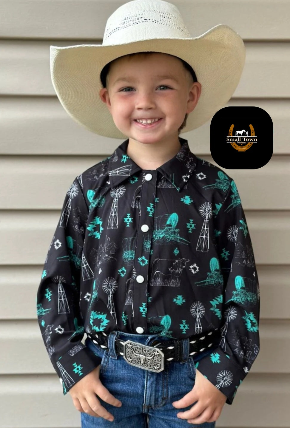 Ranchy & Rad Pearl Snap | Western Kids Unisex Ranch Print Button-Up Pearl Snap