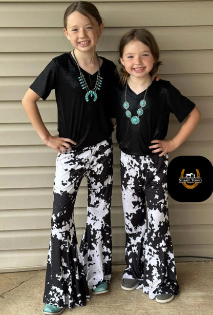 Cows Come Home Kids Bells | Western Kids Cow Print Bell Bottom Pants