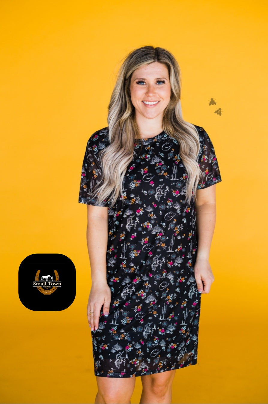 Western Wink Dress | Western Print Cowgirl Mid-Length Dress